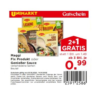 Maggi Fix Produkt oder Genießer Sauce verschiedene Sorten ab 3 Btl. je 0,99€ Unimarkt